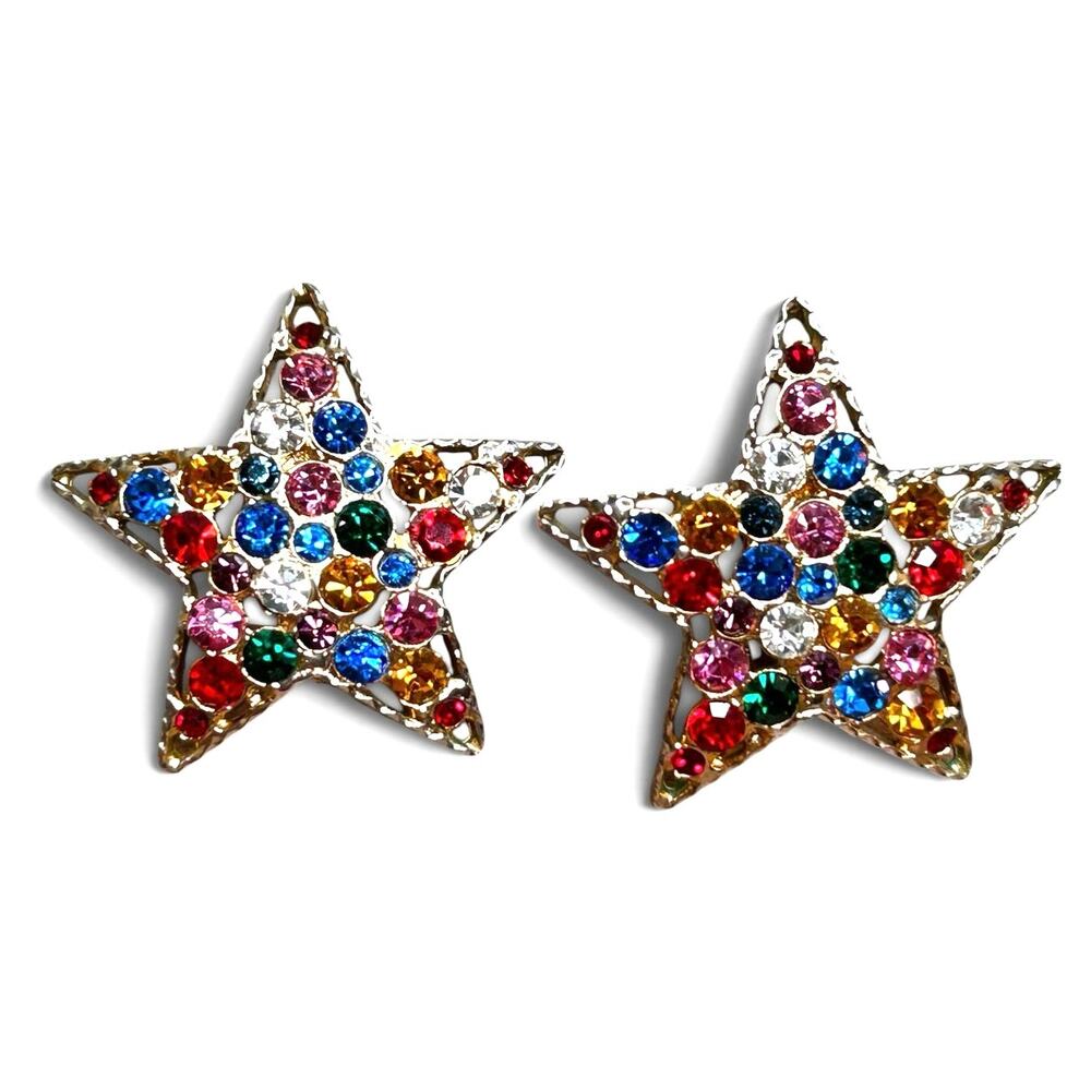 Vintage Multi Color Colorful Rhinestone Star Clip On Earrings Silver Tone